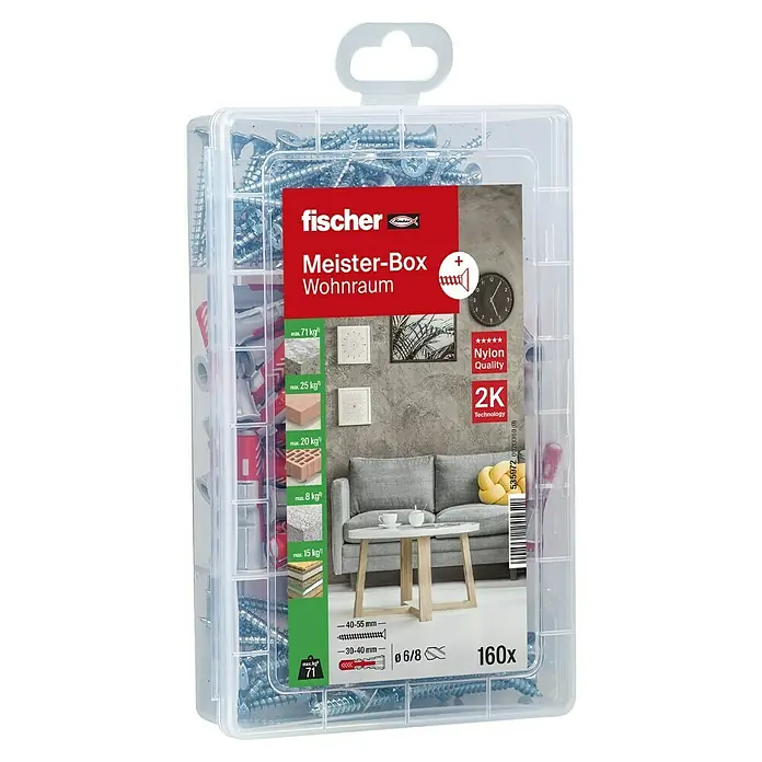Fischer Duopower Schrauben- & Dübel-Set Meisterbox - Gesamtumfang: 160 -tlg. - Eine Meister-Box "Wohnraum" von Fischer, gefüllt mit Schrauben und Dübeln, ideal für Befestigungen im Wohnbereich, bietet Nylon Qualität und 2K Technologie.