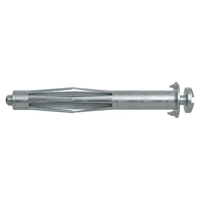 Fischer Metall-Hohlraumdübel HM S - Ø x L: 5 x 65 mm, Bohrtiefe: 71 mm, 50 Stk. - Nahaufnahme eines Kippdübel, ein Befestigungselement zur Montage von Gegenständen an Gipskartonwänden. Der Dübel ist aus Metall gefertigt.