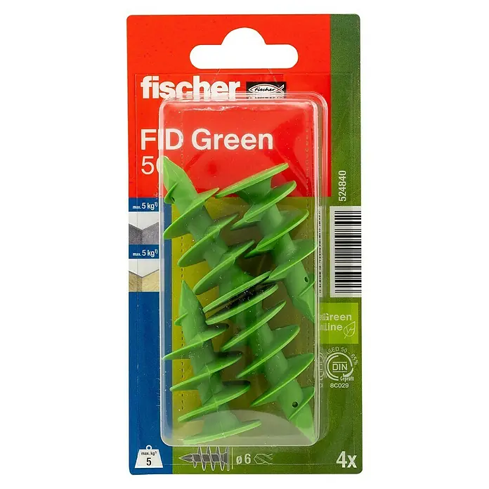 Fischer Greenline Dämmstoffdübel FID 50 GREEN - Ø x L: 25 x 50 mm, Nylon, 4 Stk. - Eine Packung Fischer FID Green Dübel, ideal für die Befestigung von leichten Gegenständen in Gipskarton- und Gipsfaserplatten mit bis zu 5 kg Belastung.