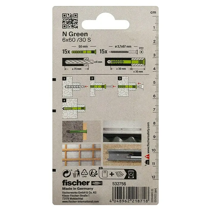 Fischer Greenline Nageldübel N S - Ø x L: 6 x 60 mm, 15 Stk., Senkkopf - Packung N Green 6x60/30 S Universaldübel, geeignet für verschiedene Baumaterialien. Inklusive Schrauben und Montageanleitung.