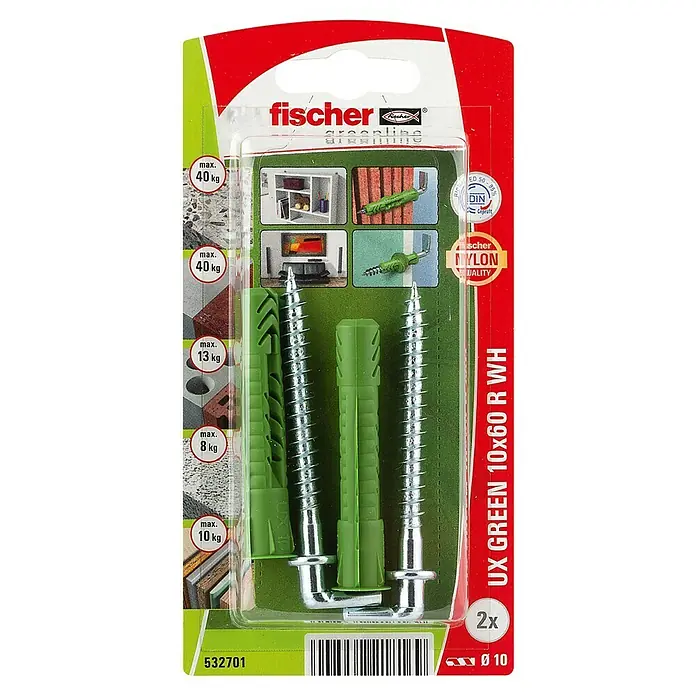 Fischer Greenline Universaldübel UX GREEN R WH - Ø x L: 10 x 60 mm, 2 Stk., Nylon - Verpackung der Fischer UX GREEN 10x60 R WH Universaldübel mit Schrauben, geeignet für verschiedene Materialien und Lasten bis zu 40 kg.
