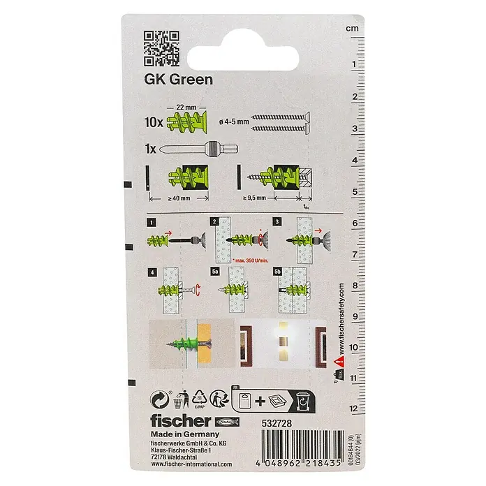 Fischer Greenline Gipskartondübel GK - Länge Dübel: 22 mm, Belastbarkeit: 8 kg, 10 Stk., Nylon - Bild einer Packung Fischer GK Green Gipskartondübel, inklusive Anweisungen zur Installation und Verwendung.