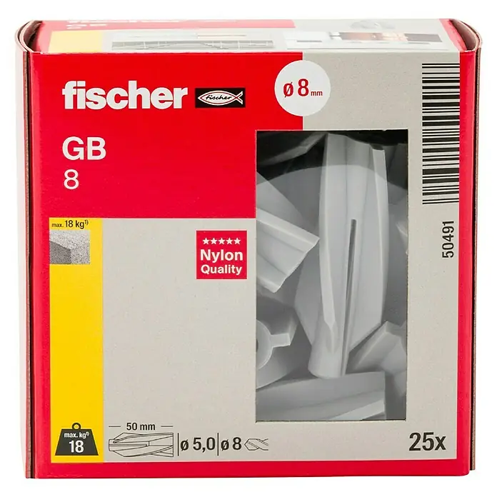 Fischer Spreizdübel GB8 - Ohne Rand, 25 Stk. - Eine Packung Fischer GB 8 Dübel, aus Nylon mit einer maximalen Last von 18 kg, mit einem Durchmesser von 8 mm, ideal für Gipskartonplatten.
