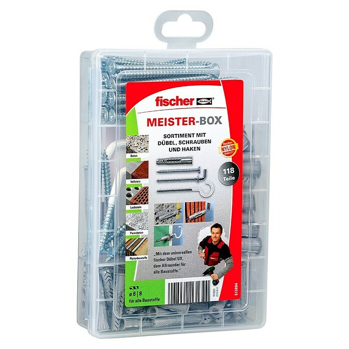Fischer Meister-Box Universaldübel-Set UX / R (118-tlg., Mit Schrauben/Haken, Nylon)