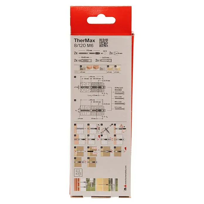 Fischer Thermax Abstandsmontagesystem 8/120 M6 - Durchmesser Bohrloch: 10 mm, Nutzlänge: 100 - 120 mm, 2 Stk. - TherMax 8/120 M6 Dübelverpackung mit Montageanleitung und Spezifikationen für sichere Befestigungen.