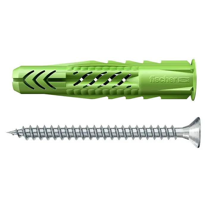 Fischer Greenline Universaldübel UX Green R S - Ø x L: 6 x 35 mm, 10 Stk., Nylon - Nahaufnahme eines grünen Fischer-Dübels und einer silbernen Schraube, die zur Befestigung in Wänden verwendet werden.