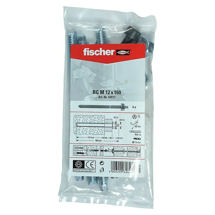Fischer Gewindestangen RGM - M 12, Länge: 16 cm, 4 Stk. - Fischer RG M 12x160 Bolzenanker im durchsichtigen Beutel, inklusive Schrauben und Muttern, für sichere Befestigungen im Beton.
