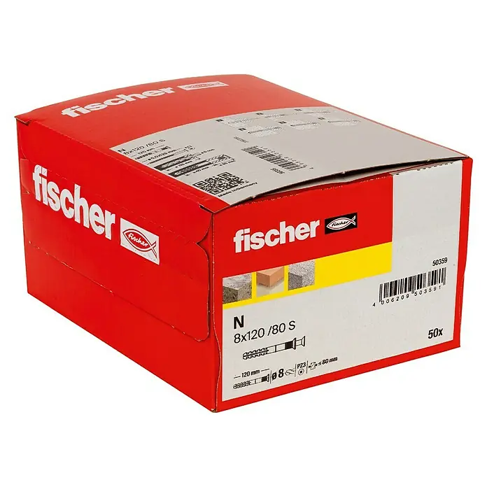 Fischer Nageldübel - Durchmesser Dübel: 8 mm, Länge Dübel: 120 mm, 50 Stk. - Produktverpackung der Fischer Dübel N 8x120/80 S, ideal für Befestigungen in verschiedenen Baumaterialien. Inklusive detaillierter Produktinformationen.