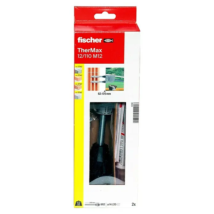 Fischer Thermax Abstandsmontagesystem 12/110 M12 - Durchmesser Bohrloch: 14 mm - 20 mm, Nutzlänge: 60 - 110 mm, 2 Stk. - Produktverpackung Fischer TherMax 12/110 M12 mit Dübeln, die für die sichere Befestigung von Bauelementen in Dämmstoffen sorgt.