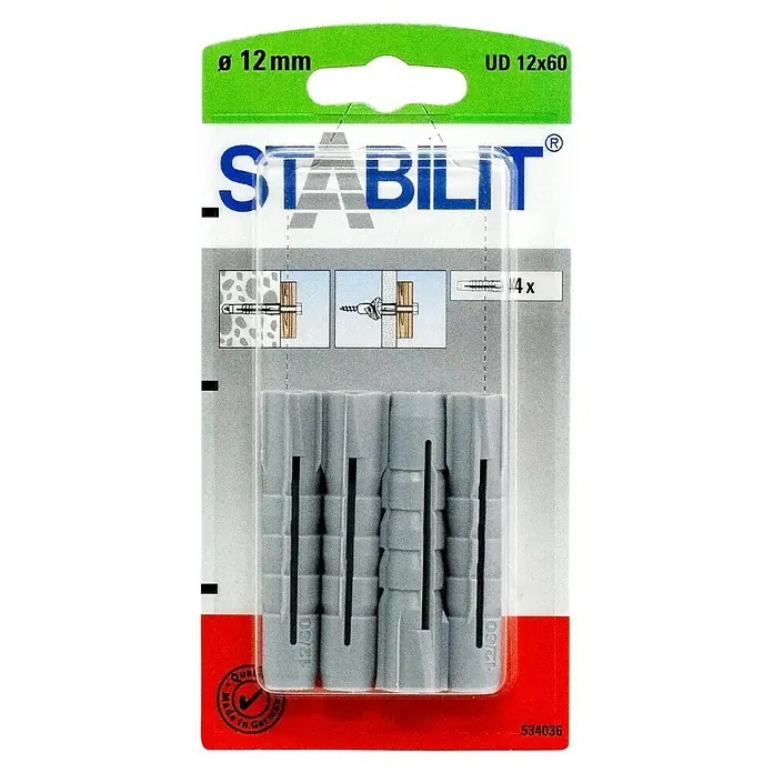 Stabilit Universal-Durchsteckdübel - Durchmesser Dübel: 12 mm, Länge Dübel: 60 mm, 4 Stk. - Bild von Dübeln der Marke Stabilit, Größe 12x60 mm, zur sicheren Befestigung in verschiedenen Materialien, ideal für Heimwerker und Profis.
