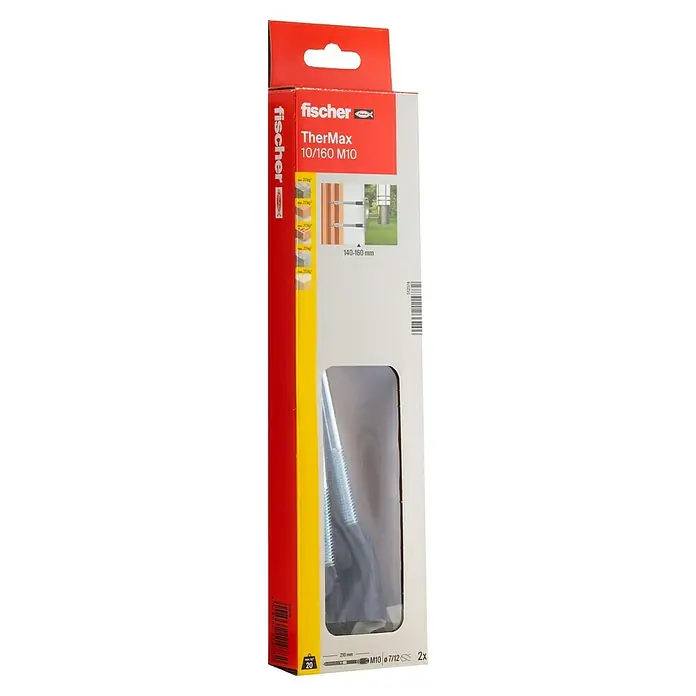 Fischer Thermax Abstandsmontagesystem 10/160 M10 - Durchmesser Bohrloch: 12 mm, Nutzlänge: 140 - 160 mm, 2 Stk. - Das Bild zeigt eine Packung Fischer TherMax 10/160 M10 Dübel, ideal für die sichere Befestigung von Objekten an Außenwänden.