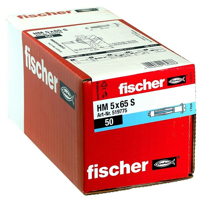 Fischer Metall-Hohlraumdübel HM 5 x 65 S (Ø x L: 5 x 65 mm, Bohrtiefe: Min. 71 mm, 50 Stk.)