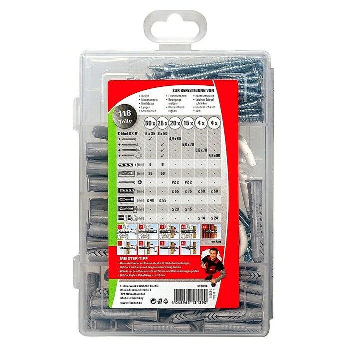 Fischer Meister-Box Universaldübel-Set UX / R (118-tlg., Mit Schrauben/Haken, Nylon)