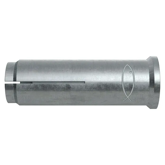 Fischer Einschlaganker EA II - Durchmesser Dübel: 12 mm, M10 Innengewinde, 50 Stk. - Nahaufnahme einer Bolzenankermanschette mit Fischsymbol für sichere Befestigungen. Ideal für zuverlässige Verankerungen in verschiedenen Materialien.