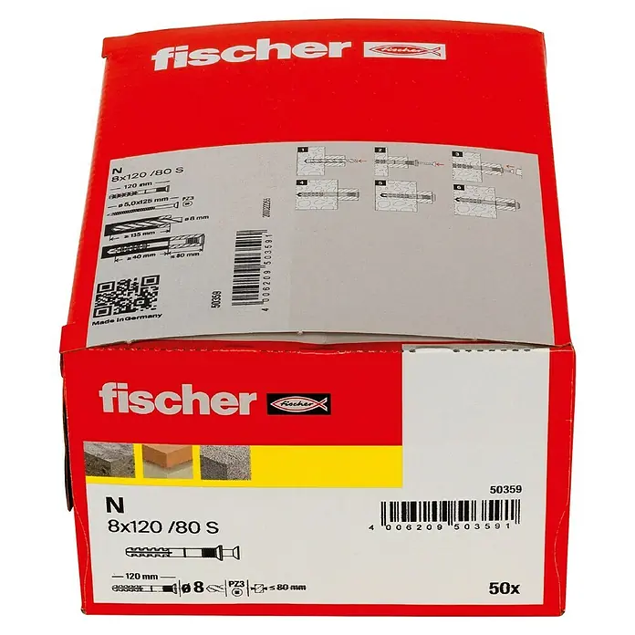 Fischer Nageldübel - Durchmesser Dübel: 8 mm, Länge Dübel: 120 mm, 50 Stk. - Produktbild einer Fischer Dübelpackung. Die Packung ist rot und zeigt Details zu Größe und Anwendung des Dübels.