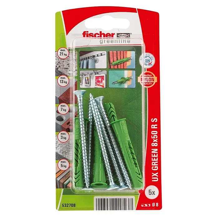 Fischer Greenline Universaldübel UX Green R S - Ø x L: 8 x 50 mm, 5 Stk., Nylon - Bild einer Packung Fischer UX GREEN 8x50 RS Universaldübel mit Schrauben, geeignet für verschiedene Materialien und Lasten.