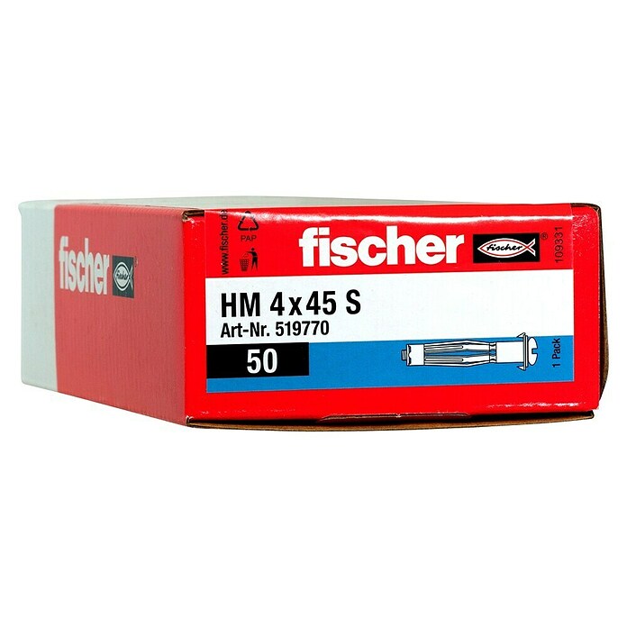 Fischer Metall-Hohlraumdübel HM 4 x 45 S (Ø x L: 4 x 45 mm, Bohrtiefe: Min. 52 mm, 50 Stk.)