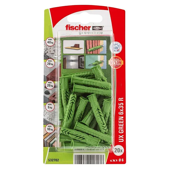 Fischer Greenline Universaldübel UX GREEN R - Ø x L: 6 x 35 mm, 20 Stk., Nylon - Packung mit grünen Fischer UX Green 6x35 R Dübeln, geeignet für verschiedene Materialien mit unterschiedlichen maximalen Belastungen.