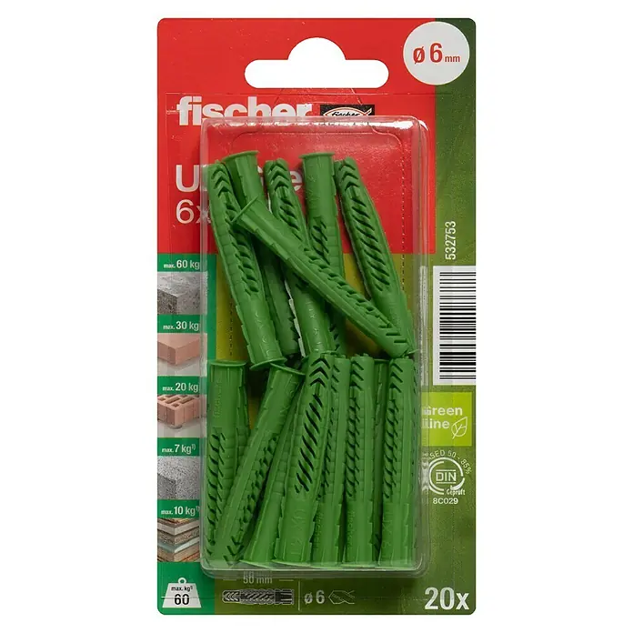 Fischer Greenline Universaldübel UX GREEN R - Ø x L: 6 x 50 mm, 20 Stk., Nylon - Packung Fischer UX Universaldübel 6x30mm, 20 Stück, für sichere Befestigungen in verschiedenen Materialien. Ideal für Heimwerker- und Profi-Anwendungen.