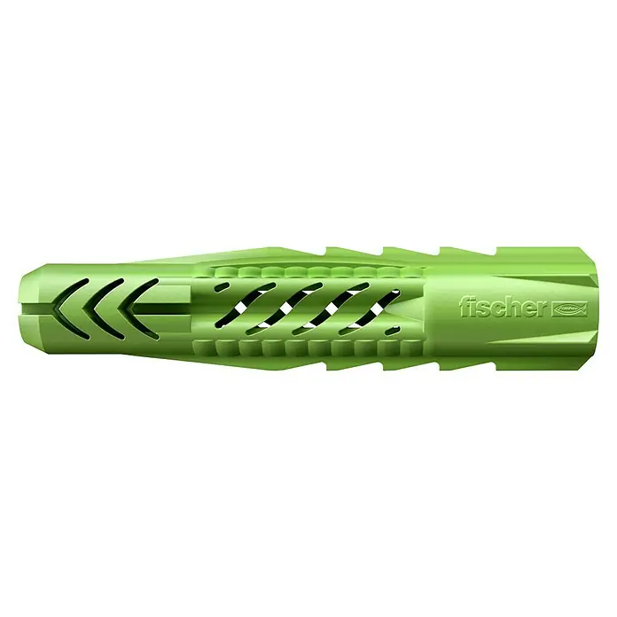 Fischer Greenline Universaldübel UX GREEN R - Ø x L: 12 x 70 mm, 4 Stk., Nylon - Nahaufnahme eines hellgrünen Fischer UX-Universaldübels mit dem Fischer-Logo. Zum Befestigen von Gegenständen in verschiedenen Materialien.