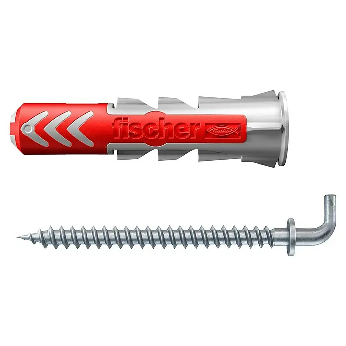 Fischer Duopower Universaldübel WH - Ø x L: 8 x 40 mm, Nylon, 4 Stk. - Bild einer Fischer UX Universaldübel mit Schraube. Der Dübel ist rot und grau, die Schraube ist silberfarben und hat einen Winkel am Ende.