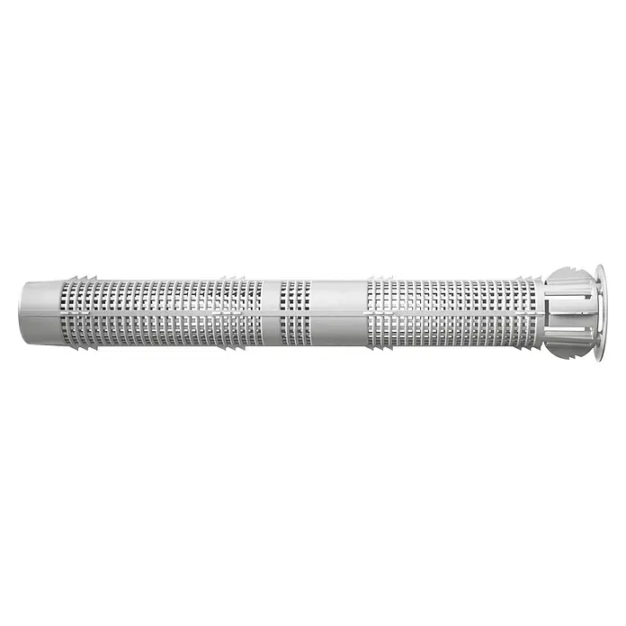 Fischer Injektions-Ankerhülse FIS H 16X130 K - Passend für: Bohrlochdurchmesser/Gewinde Ø8/M8 - Ø10/M10, Durchmesser Bohrloch: 16 mm, Verankerungstiefe: Min. 110 mm, 20 Stk. - Das Bild zeigt eine zylindrische Filterkartusche mit zahlreichen kleinen Öffnungen und einem stabilen Endstück für effiziente Wasserfiltration.