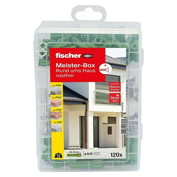Fischer Greenline Dübel- & Schraubenbox Meister-Box SX Green - 120 -tlg., Mit Schrauben, Material Dübel: Nylon, Material Schraube: Edelstahl - Bild einer Fischer Meister-Box, ein Befestigungsset für verschiedene Materialien, ideal für Heimwerkerprojekte rund ums Haus.