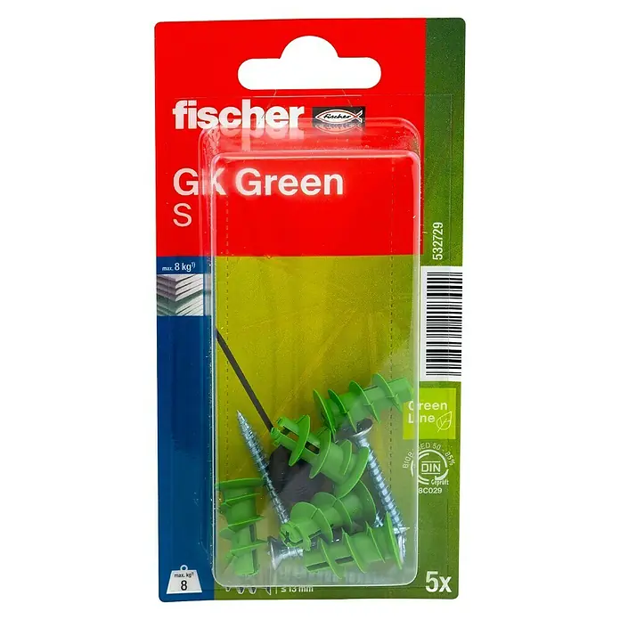 Fischer Greenline Gipskartondübel GK S - Länge Dübel: 22 mm, Belastbarkeit: 8 kg, 5 Stk., Nylon - Eine Packung Fischer GIK Green S Dübel, ideal für Gipskartonplatten, mit einer maximalen Belastung von 8 kg und 5 Stück pro Packung.