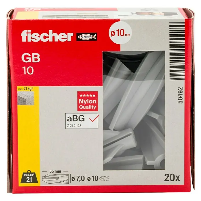 Fischer Gasbetondübel GB 10 - Durchmesser Dübel: 10 mm, Länge Dübel: 55 mm, 20 Stk. - Bild einer Fischer GB 10 Dübelbox, die 20 Nylondübel mit einer maximalen Belastung von 21 kg und einer Größe von 10 mm enthält.