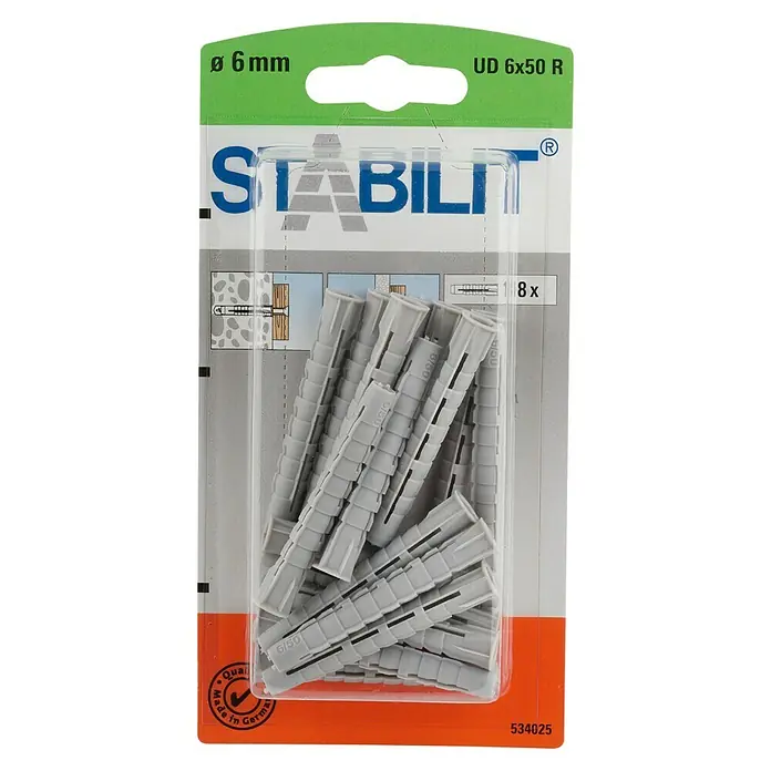 Stabilit Universal-Kragendübel - Durchmesser Dübel: 6 mm, Länge Dübel: 50 mm, 18 Stk. - Blisterpackung mit 8 Stück Stabilit Universal Dübel UD 6x50 R, geeignet für Bohrlochdurchmesser 6 mm. Qualitätsiegel „Made in Germany“.
