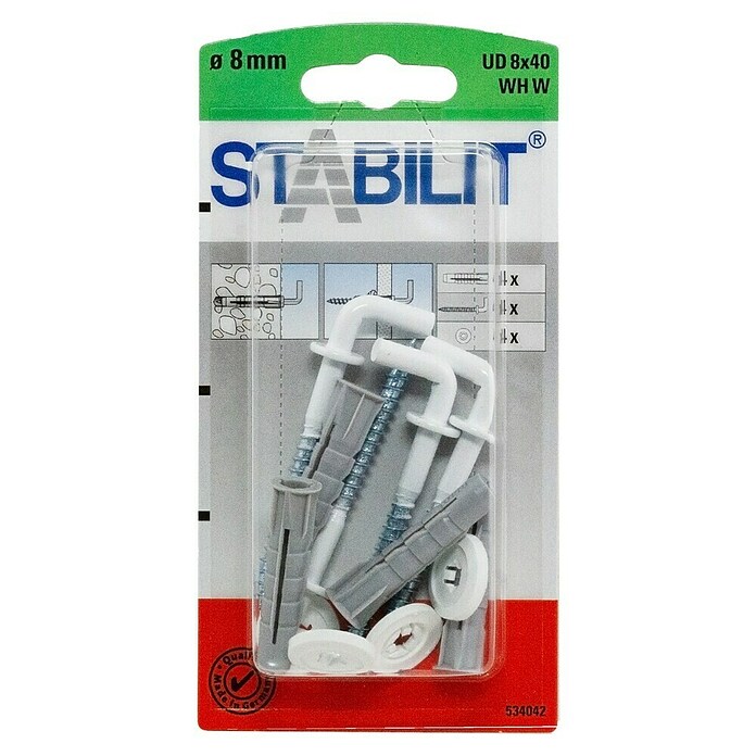 Stabilit Universaldübel-Set (Durchmesser Dübel: 8 mm, Länge Dübel: 40 mm, 4 Stk., Mit Haken, Weiß)
