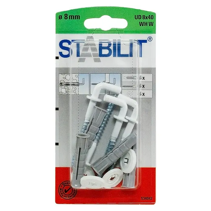 Stabilit Universaldübel-Set - Durchmesser Dübel: 8 mm, Länge Dübel: 40 mm, 4 Stk., Mit Haken, Weiß - Produktbild einer Packung Stabilit UD 8x40 WH W Haken und Dübel zur Wandbefestigung, ideal für die sichere Anbringung im Haushalt.