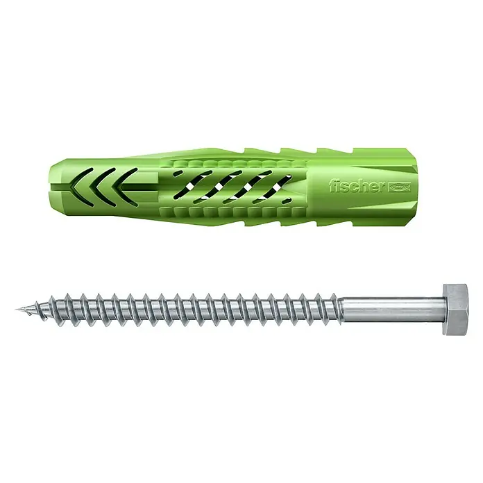 Fischer Greenline Universal-Dübel UX Green R S - Ø x L: 12 x 70 mm, 2 Stk., Nylon - Dübel mit Schraube. Der grüne Fischer-Dübel mit einer silbernen Schraube. Ideal für sichere Befestigungen in verschiedenen Materialien.