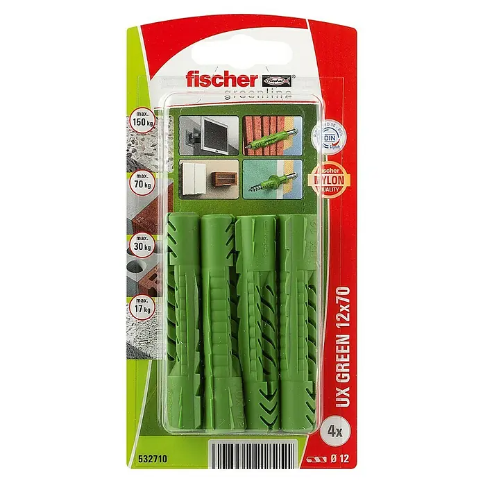 Fischer Greenline Universaldübel UX GREEN R - Ø x L: 12 x 70 mm, 4 Stk., Nylon - Bild einer Packung Fischer UX GREEN 12x70 Dübel, 4 Stück, geeignet für verschiedene Materialien und Gewichtsklassen bis 150 kg.