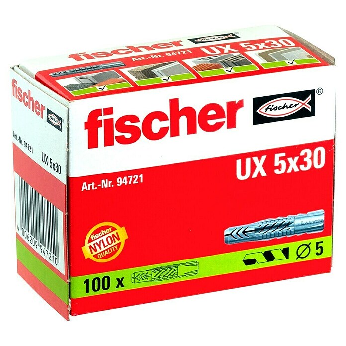Fischer Universal-Durchsteckdübel UX (Durchmesser Dübel: 5 mm, Länge Dübel: 30 mm, 100 Stk., Ohne Rand)