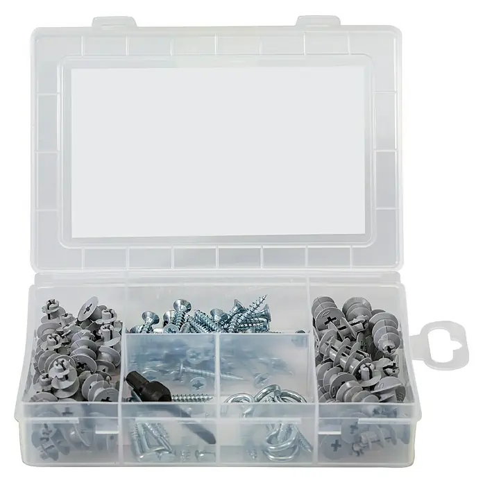 Fischer Meister-Box Gipskartondübel-Set GK - Nylon, Mit Schrauben/Haken, 101 -tlg. - Eine durchsichtige Sortimentsbox mit verschiedenen Schrauben, Dübeln und Haken, ideal für Heimwerkerprojekte und zur übersichtlichen Aufbewahrung von Kleinteilen.