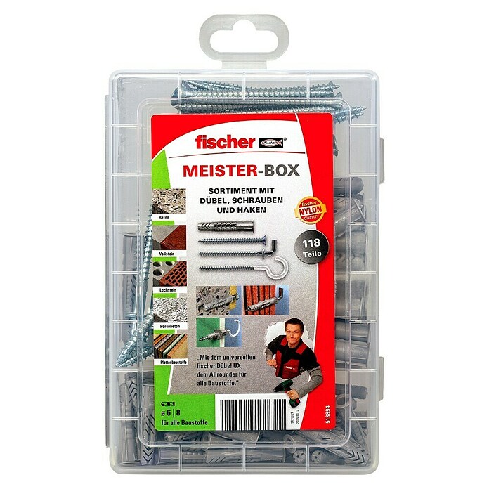 Fischer Meister-Box Universaldübel-Set UX / R (118-tlg., Mit Schrauben/Haken, Nylon)