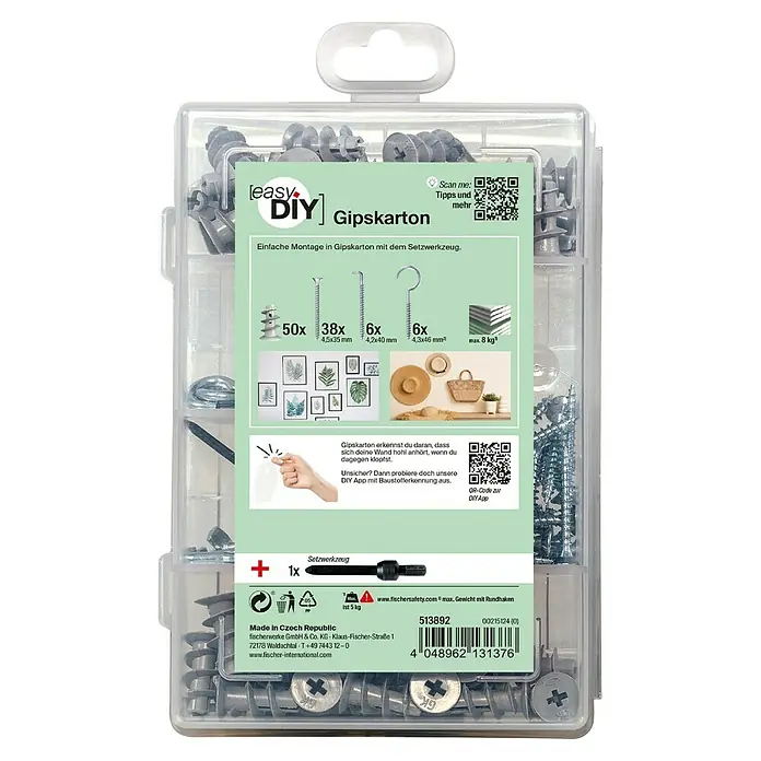 Fischer Meister-Box Gipskartondübel-Set GK - 101 Stk. - Abbildung eines "Easy DIY"-Gipskarton-Befestigungssets mit Dübeln, Schrauben und Werkzeug für die einfache Montage in Gipskartonwänden.