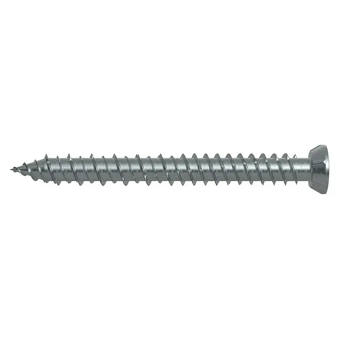 Fischer Fensterrahmenschraube FFS 7,5 - Länge Schraube: 182 mm, Flachkopf, 100 Stk. - Nahaufnahme einer einzelnen silbernen Holzschraube, die sich spiralförmig verjüngt und einen flachen Kopf für eine feste Befestigung hat.