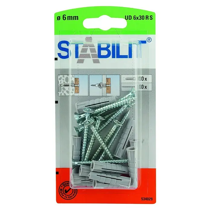 Stabilit Universal-Kragendübel-Set - Durchmesser Dübel: 6 mm, Länge Dübel: 30 mm, 10 Stk., Mit Schrauben - Eine Packung Stabilit Universal-Dübel UD 6x30 RS mit Schrauben, ideal für sichere Befestigungen im Haushalt und Hobbybereich.