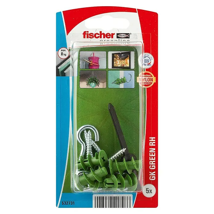 Fischer Greenline Gipskartondübel GK RH - Länge Dübel: 22 mm, Belastbarkeit: 8 kg, 5 Stk., Nylon - Eine Packung Fischer GK GREEN RH Hohlraumdübel, ideal zum Befestigen von Objekten an Gipskartonplatten.