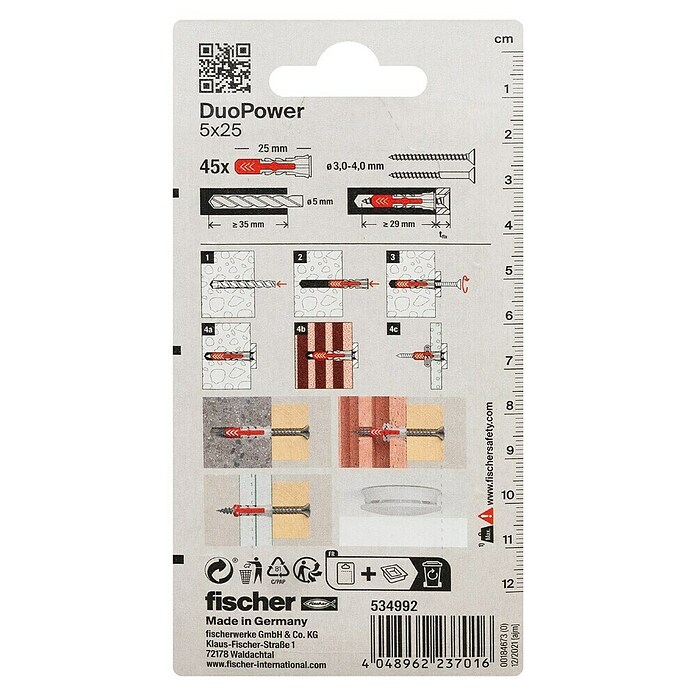 Fischer Duopower Assortiment schroeven met pluggen (Diameter plug: 5 mm, Pluglengte: 25 mm, 45 stk., Nylon)