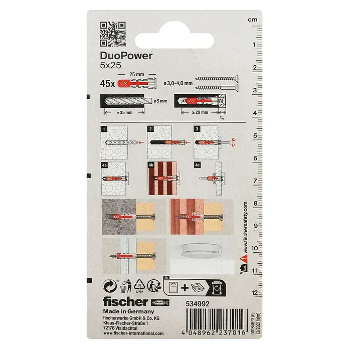 Fischer Duopower Universaldübel 2 K - Ø x L: 5 x 25 mm, Nylon, 45 Stk. - Bild der DuoPower 5x25 Universaldübelverpackung, die die Abmessungen und Anweisungen für die Verwendung des Produkts zeigt.