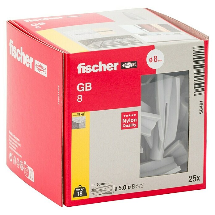 Fischer Gasbetondübel GB 8 (Durchmesser Dübel: 8 mm, Länge Dübel: 50 mm, 25 Stk.)