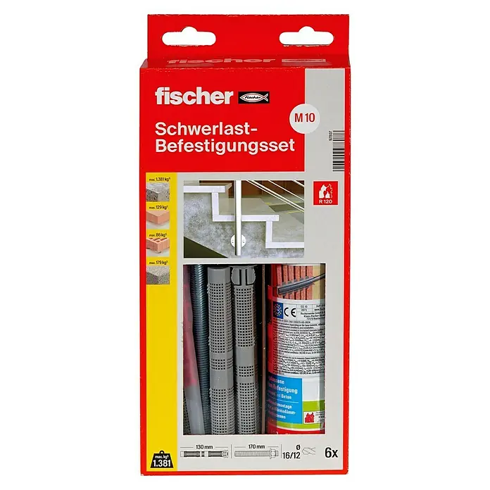 Fischer Schwerlast-Befestigungs-Set FIS VS 300 T SBS - Hellgrau, Hybridmörtel, 6 Stk. - Schwerlast-Befestigungsset von Fischer, M10. Geeignet für Beton und Mauerwerk, mit Zulassung und Brandschutzklasse R 120, für sichere Befestigungen.