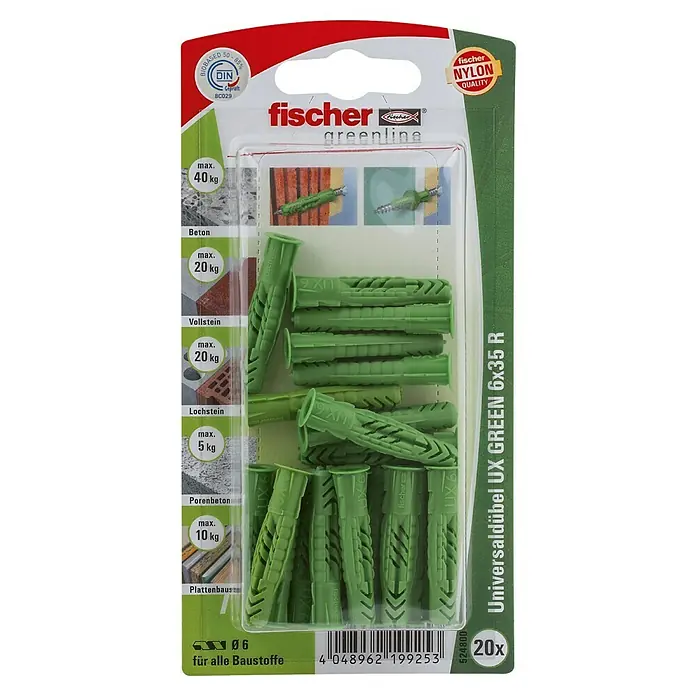 Fischer Greenline Universaldübel UX 6 x 35 R GREEN - Ø x L: 6 x 35 mm, Nylon, Mit Rand, 20 Stk. - Bild einer Packung Fischer Universaldübel UX GREEN 6x35 R, einem grünen, vielseitigen Dübel für diverse Baustoffe.