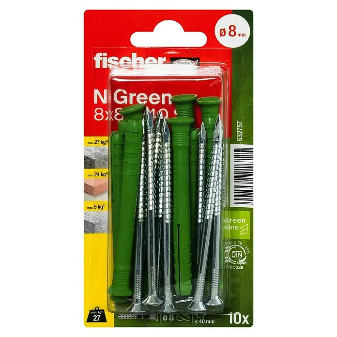 Fischer Greenline Nageldübel N S - Ø x L: 8 x 80 mm, 10 Stk., Senkkopf - Nahaufnahme einer Packung Fischer N Green Dübel 8x40 mm mit Schrauben, ideal für leichte Befestigungen in verschiedenen Materialien.