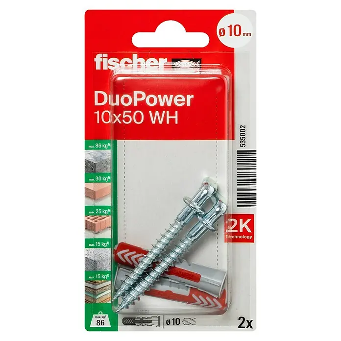 Fischer Duopower Universaldübel WH - Ø x L: 10 x 50 mm, Nylon, 2 Stk. - Bild einer DuoPower 10x50 WH Dübelverpackung von Fischer, ideal für sichere Befestigungen in verschiedenen Materialien.