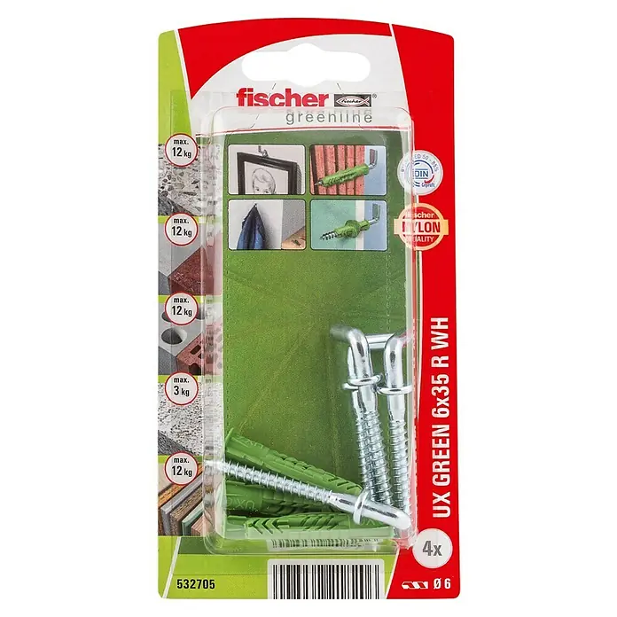 Fischer Greenline Universaldübel UX GREEN R WH - Ø x L: 6 x 35 mm, 4 Stk., Nylon - Eine Packung fischer UX GREEN 6x35 R WH Universaldübel mit Haken, ideal zum Aufhängen von Gegenständen an verschiedenen Wänden.