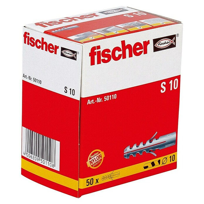Fischer Spreizdübel S (Durchmesser Dübel: 10 mm, Länge Dübel: 50, 50 Stk., Ohne Rand)